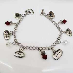 ALWAYS LOVE Silver Tone Charm Dangle Drop Bracelet Red Crystal 7.5” 4353